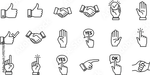 Modern collection of black line art hand gestures representing various human interactions and digital interface actions