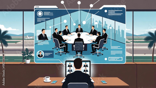 Business Diverse business team in virtual meeting, global office with palm trees