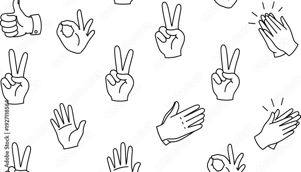 Fototapeta premium Seamless pattern of diverse hand gestures representing communication agreement success and peace in a minimalist line art doodle style vector illustration