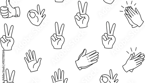 Seamless pattern of diverse hand gestures representing communication agreement success and peace in a minimalist line art doodle style vector illustration
