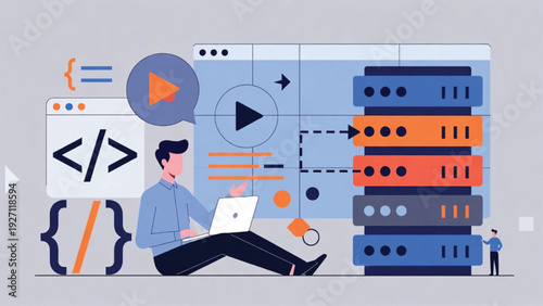 Business Software Development Programmer Working on Server Rack