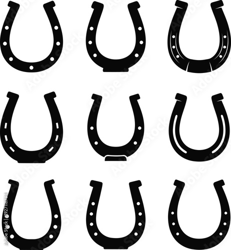 Horseshoe vector illustration set with various black silhouette shapes for luck and equestrian sport