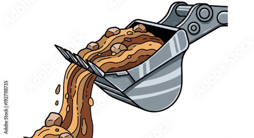 Excavator bucket dumping soil, construction site, earthmoving process, heavy machinery.