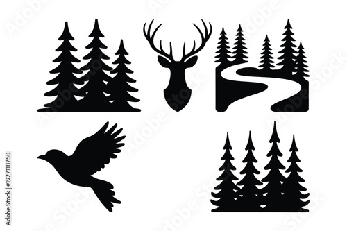 Forest Wildlife Icons: Deer, Bird, Trees, Path, Landscape