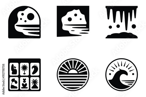 Nature and Weather Icons: Cave, Ice, Sun, Waves, Plants