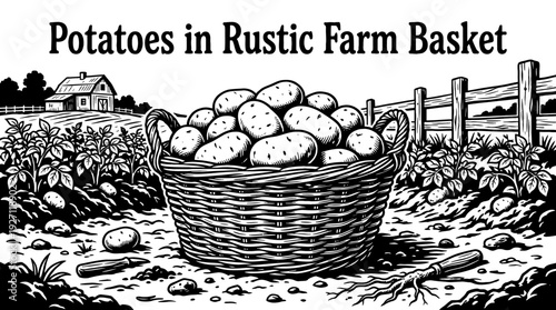 Fresh potatoes in a rustic basket on a farm representing root vegetables harvest traditional agriculture and natural food