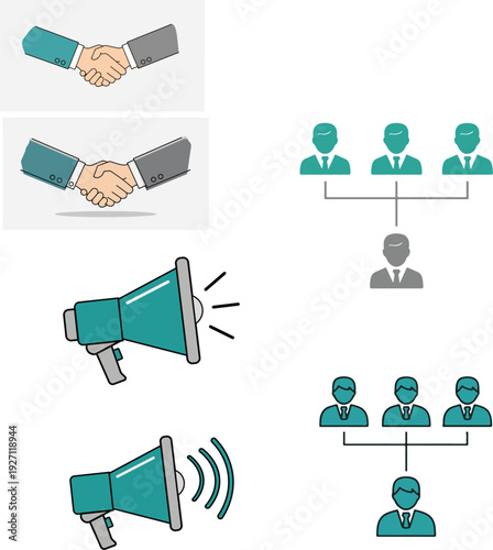 Business Partnership and Communication Icons Set – Handshake Agreement, Team Hierarchy Structure, and Megaphone Announcement Vector EPS