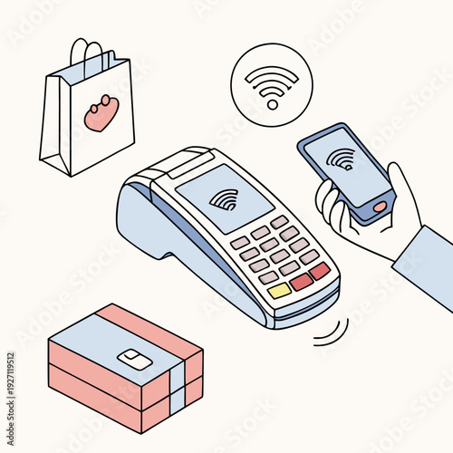 Contactless payment with pos terminal service isolated set stock illustration