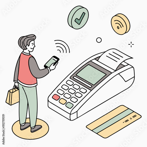 Contactless payment with pos terminal service isolated set stock illustration