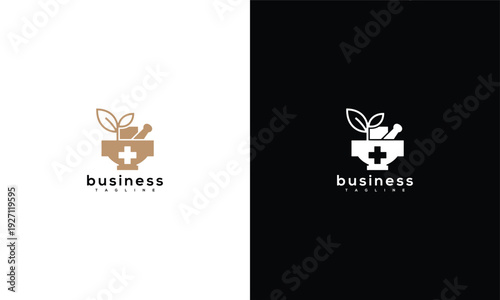 Natural Pharmacy Medical Logo. Herbal Wellness Healthcare Brand Identity with Mortar Pestle.