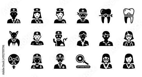 Occupation and profession icon collection. Includes doctors, police, military, dentists, workers, and symbols. Created in solid black style with monochrome palette.