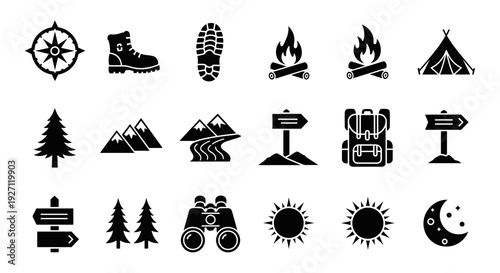 Camping icon set. Includes compass, hiking boot, footprint, campfire, tent, tree, mountain, grill, lantern, binoculars, sun, moon. Created in black line style with monochrome palette.