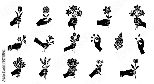 Floral hand icon collection. Includes hands holding flowers, plants, and leaves. Created in black line style with monochrome palette
