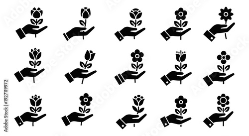 Eco friendly icon set, includes hand, plant, flower, leaf, eco icons, Created in simple black style with monochromatic palette