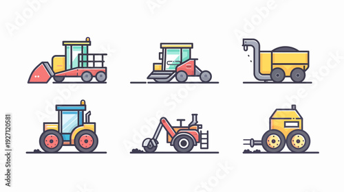 Collection of colorful, stylized illustrations of construction vehicles with distinct shapes and details