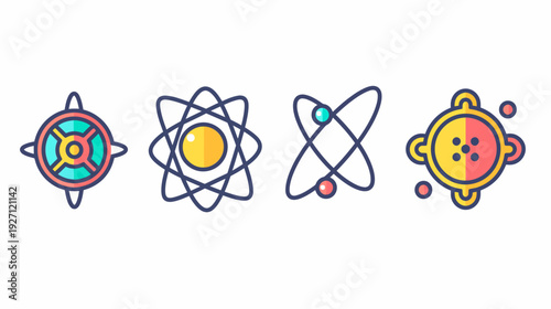 A set of colorful science and abstract icons, depicting atomic structures and related concepts