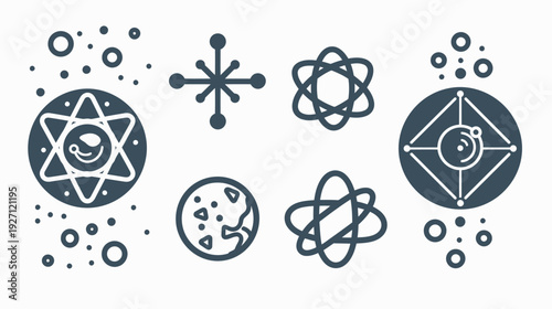 Stylized, dark gray vector illustrations of celestial bodies, atomic structures, and other abstract shapes