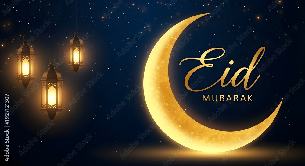 Fototapeta premium Eid mubarak celebration with crescent moon and lanterns