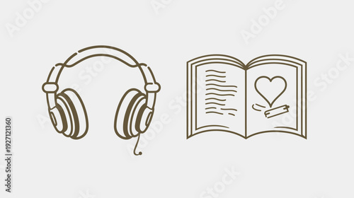 A pair of headphones and an open book with a heart illustration on a neutral background