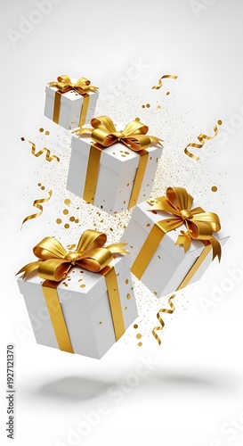 Wallpaper Mural Four white gift boxes with gold ribbons and confetti falling Torontodigital.ca