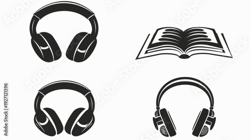 A collection of simple black and white illustrations featuring headphones and a book