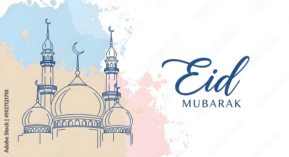 Fototapeta premium Eid mubarak greeting card with mosque illustration