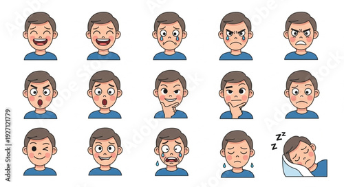 Various facial expressions of a young boy, showcasing different emotions and feelings.