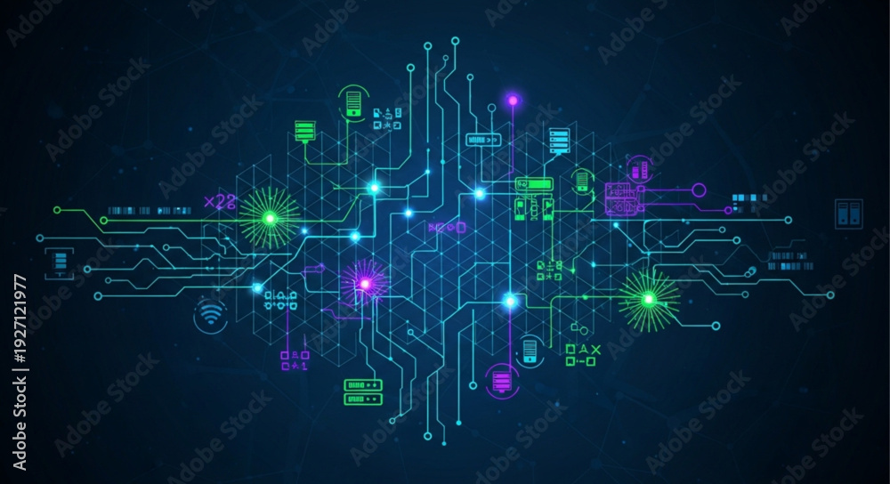 Εκτύπωση καμβά Digital data flow and communication network connecting various elements