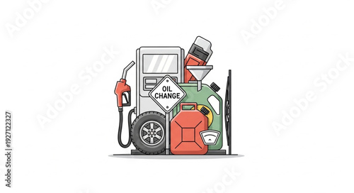 Fuel station illustration depicting gasoline pump, containers, and oil change concept.
