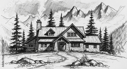 Bild auf Leinwand Detailed Sketch of a Rustic Mountain Lodge Surrounded by Pine Trees