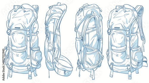 Line drawing of a backpack in different views, showcasing the front, side, and back