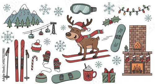 Cute Reindeer Skiing with Winter Sports Gear and Christmas Elements.