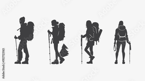 Silhouettes of hikers with backpacks and poles, engaging in outdoor activity