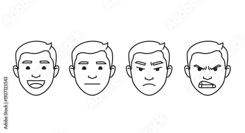Line art illustrations of various human facial expressions depicting emotions and feelings.