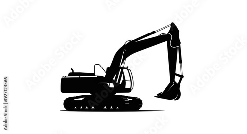 Silhouette of a heavy construction excavator machine on a white background, ready for work.