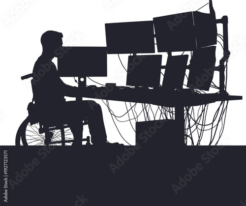 Silhouette of a disabled person working on computer with multiple monitors