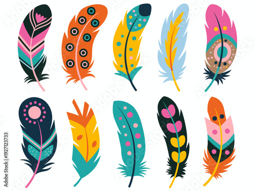 Collection of colorful decorative tribal style feathers white background decoration