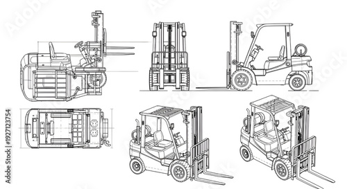 Forklift AutoCAD Blueprint Vector – Industrial Machinery Multi-View Technical Drawing in Black Outline