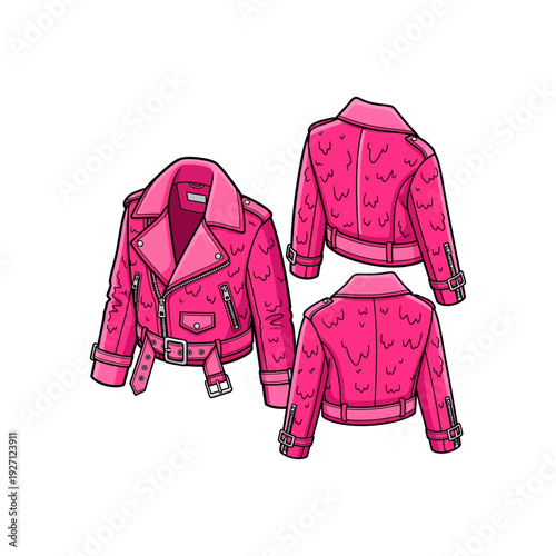Pink quilted jacket with decorative buttons and belted waist shown from multiple angles