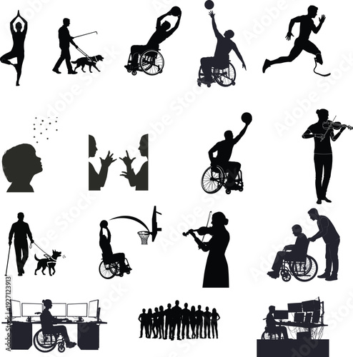 Collection of silhouettes depicting people with disabilities and their daily activities