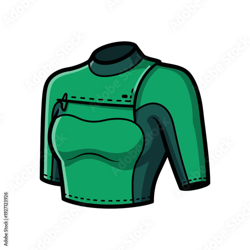 A stylized illustration of a green and black sporty cropped top with padded shoulders.