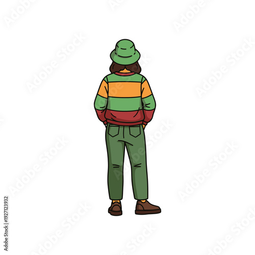 Illustrated character wearing a colorful jacket and green overalls standing outdoors
