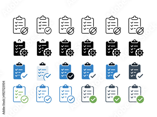 collection of multiple clipboard icons in diverse styles for ranking task completion, featuring various checklist and document symbols for progress levels.