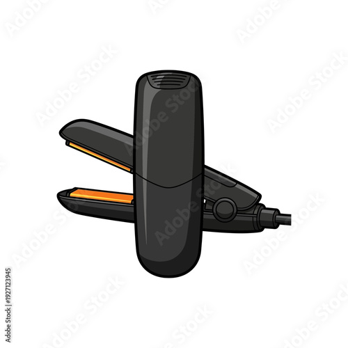 Modern black hair straightening iron with orange accents and attached cord