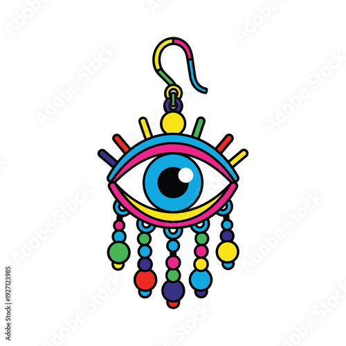 Colorful stylized eye pendant with hanging beads and hook for jewelry making