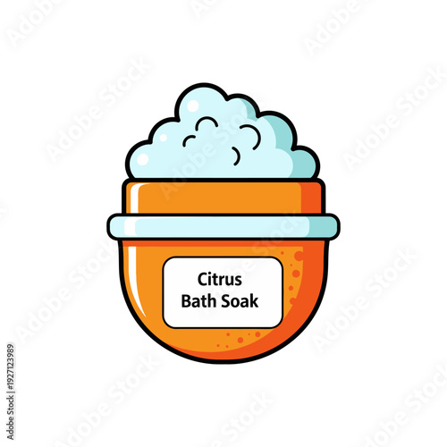 A vibrant citrus bath soak product with a fluffy foam top and label.