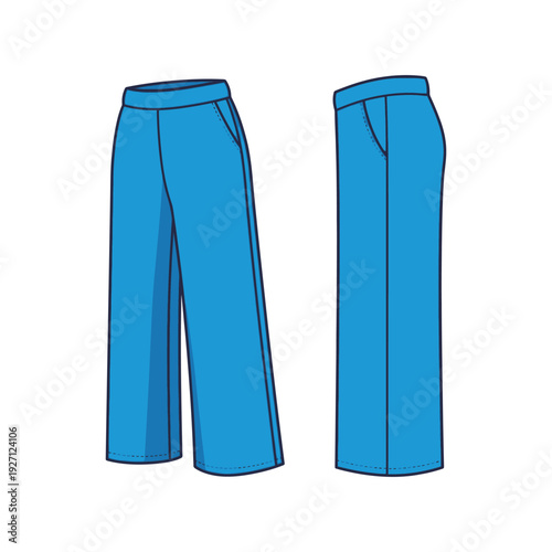 Bright blue wide-leg trousers displayed from front and side view.