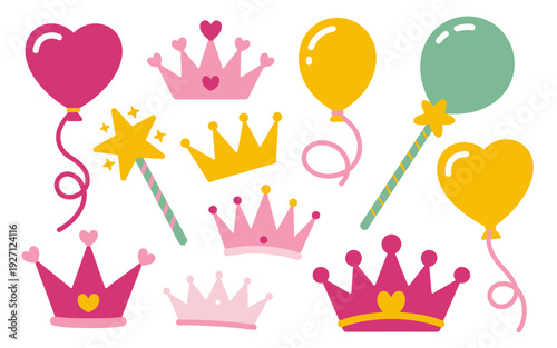 Pink and yellow crowns balloons and magic wands for princess party celebration