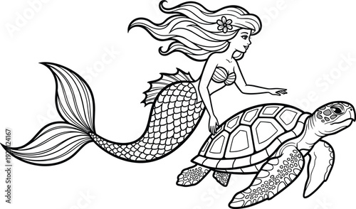 Mermaid riding sea turtle fantasy line art illustration mythical ocean character black and white vector design