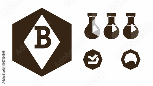 Stylized graphical elements including flasks, checkmarks, and letter B inside various geometric shapes